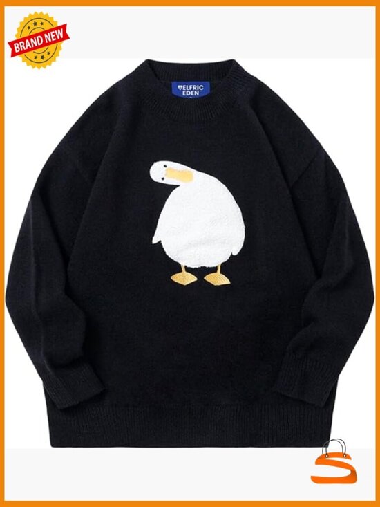 Sweaters - Oversized Duck Graphic Knit Crewneck Pullover Streetwear Unisex